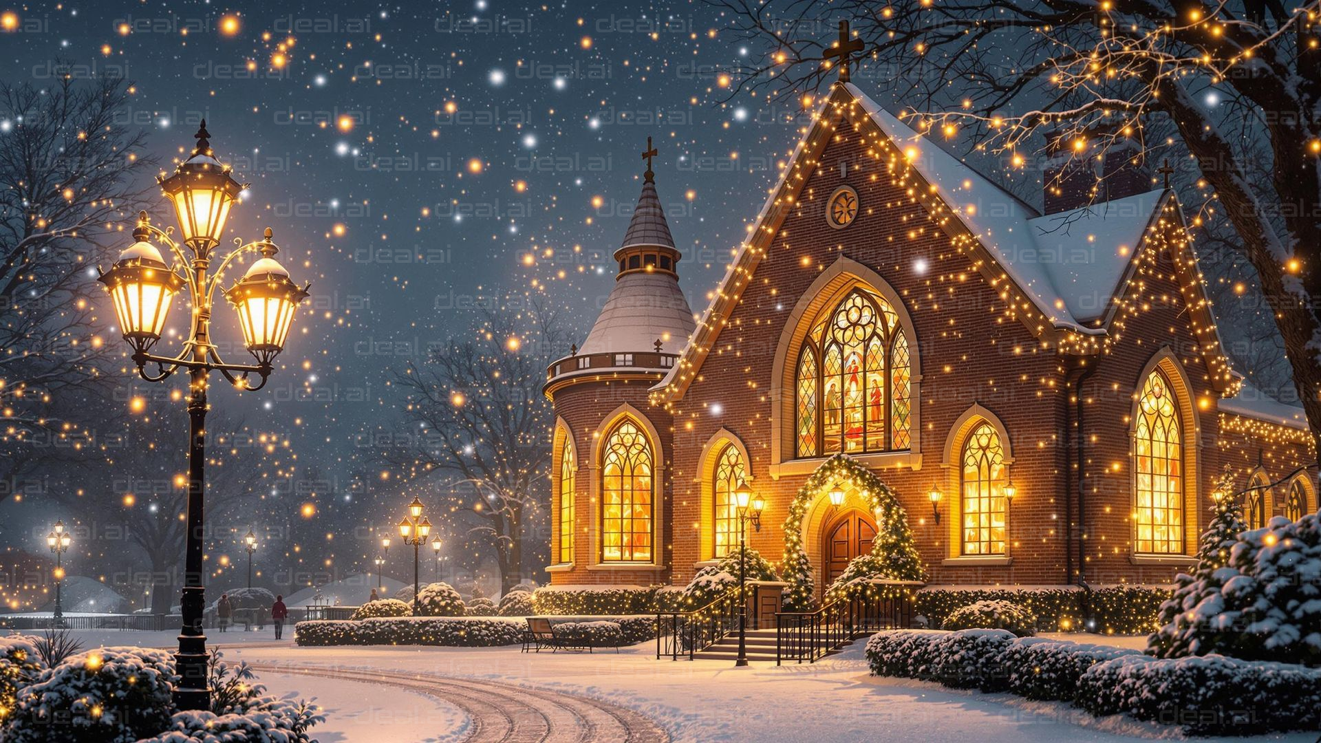 Snowy Christmas Eve Church Scene