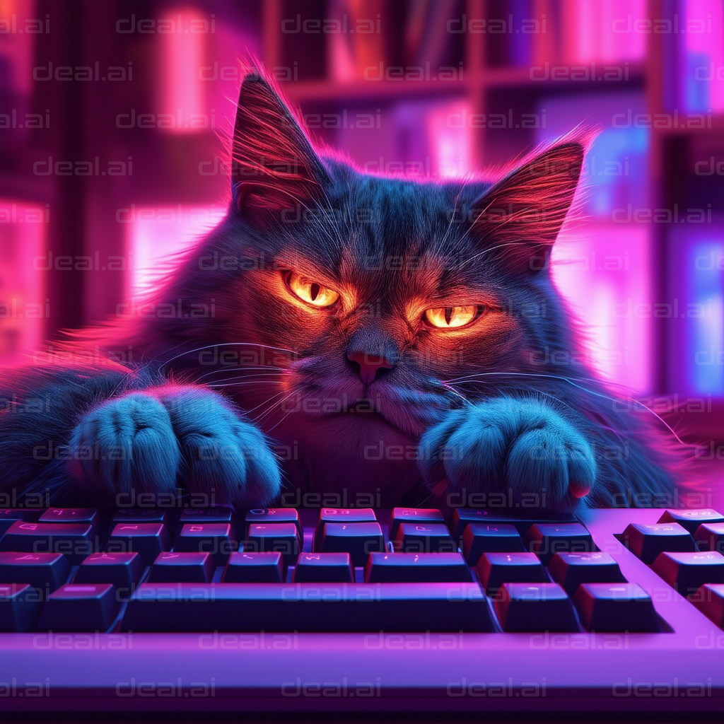 "Intense Cat Typing at Computer Desk"