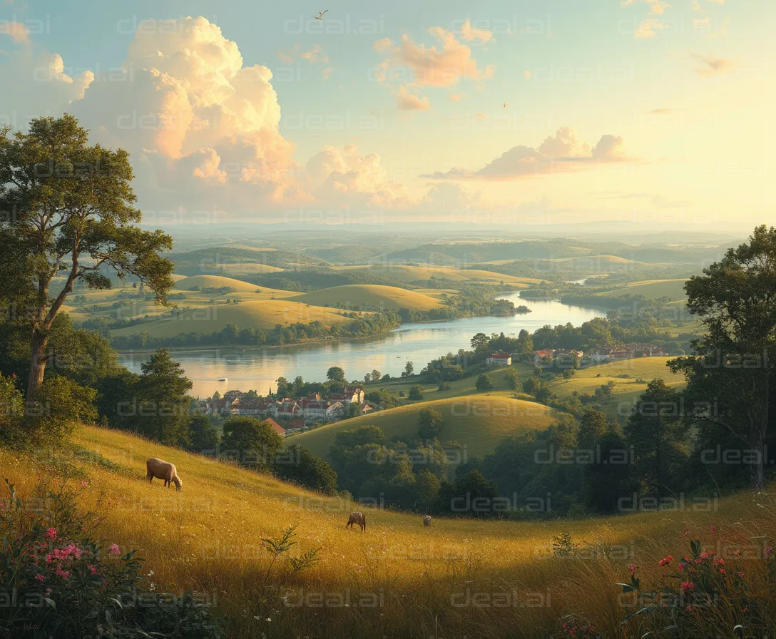 "Peaceful Countryside View at Sunset"