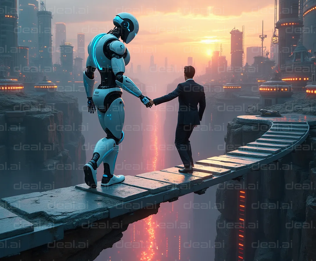 "Man and Robot Crossing High-Tech Bridge"