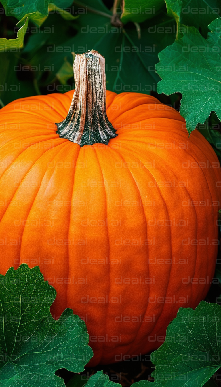 Large Orange Pumpkin in Green Leaves