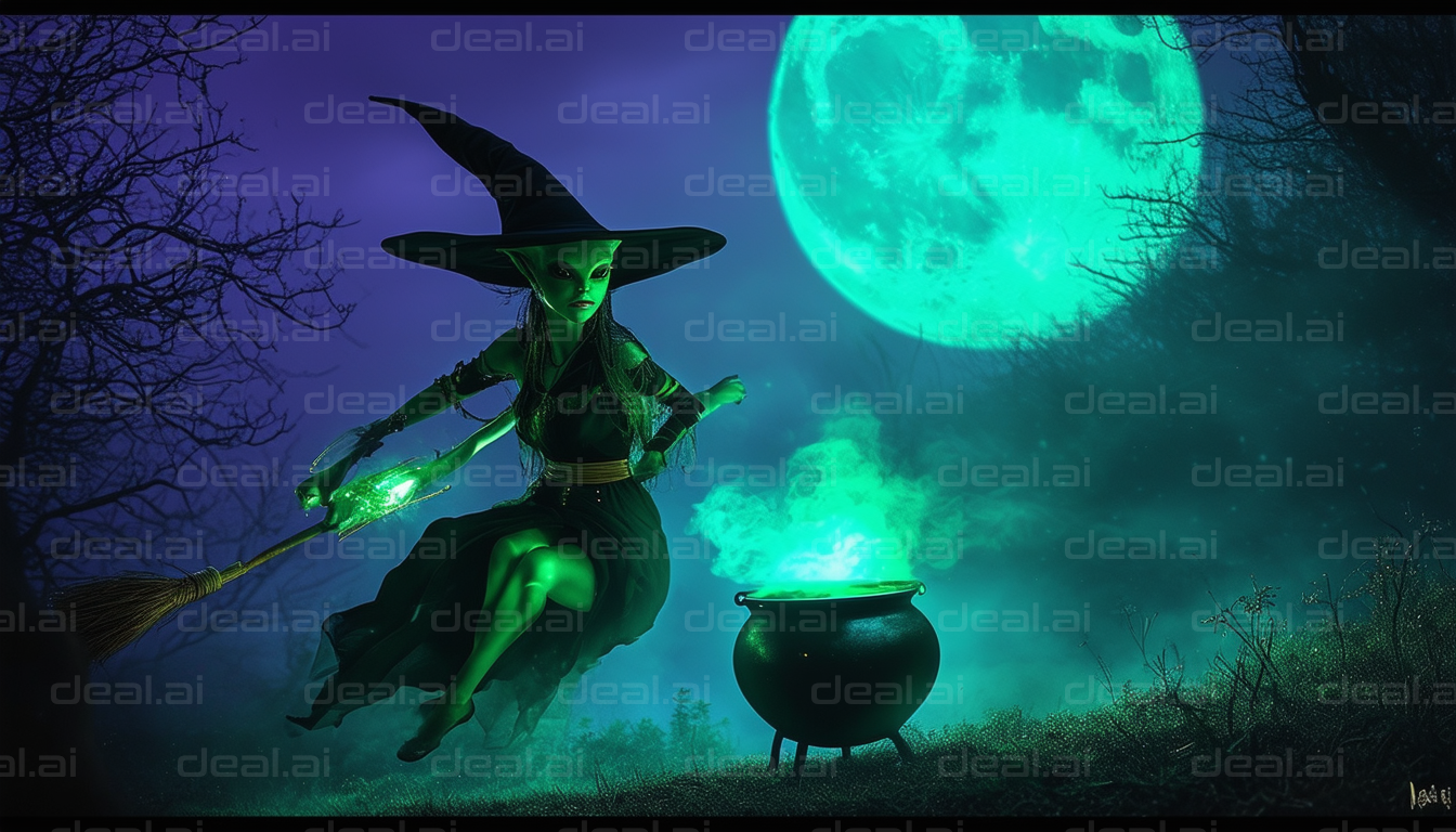 "Witch Brewing Under Glowing Full Moon"