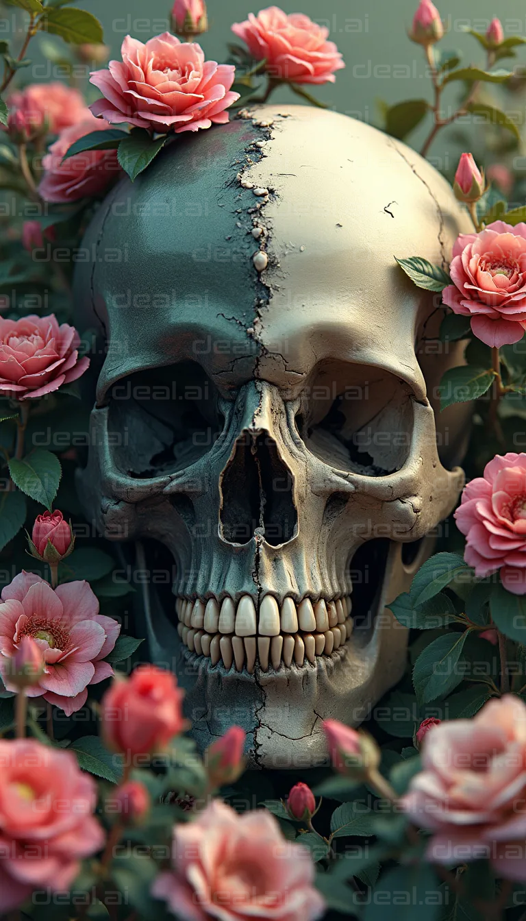 "Skull Amidst Pink Roses"