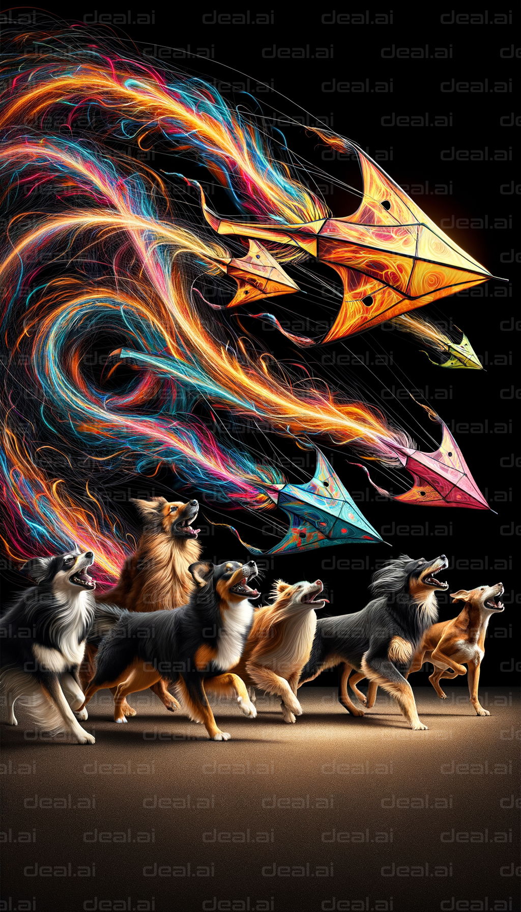 Dogs Chasing Vibrant, Fiery Kites