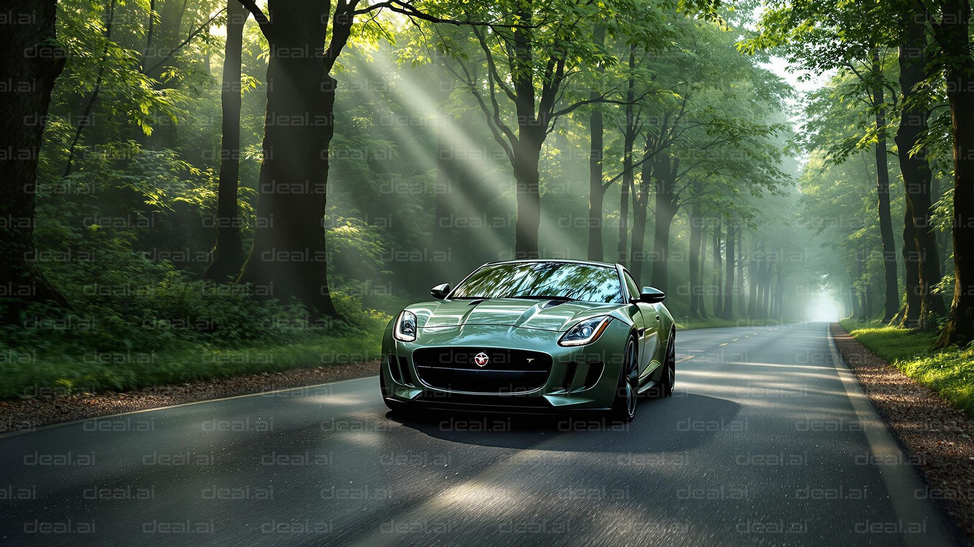 Green Sports Car on Forest Road
