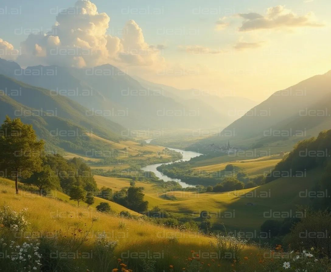 "Serene Valley Sunset Overlooking River"