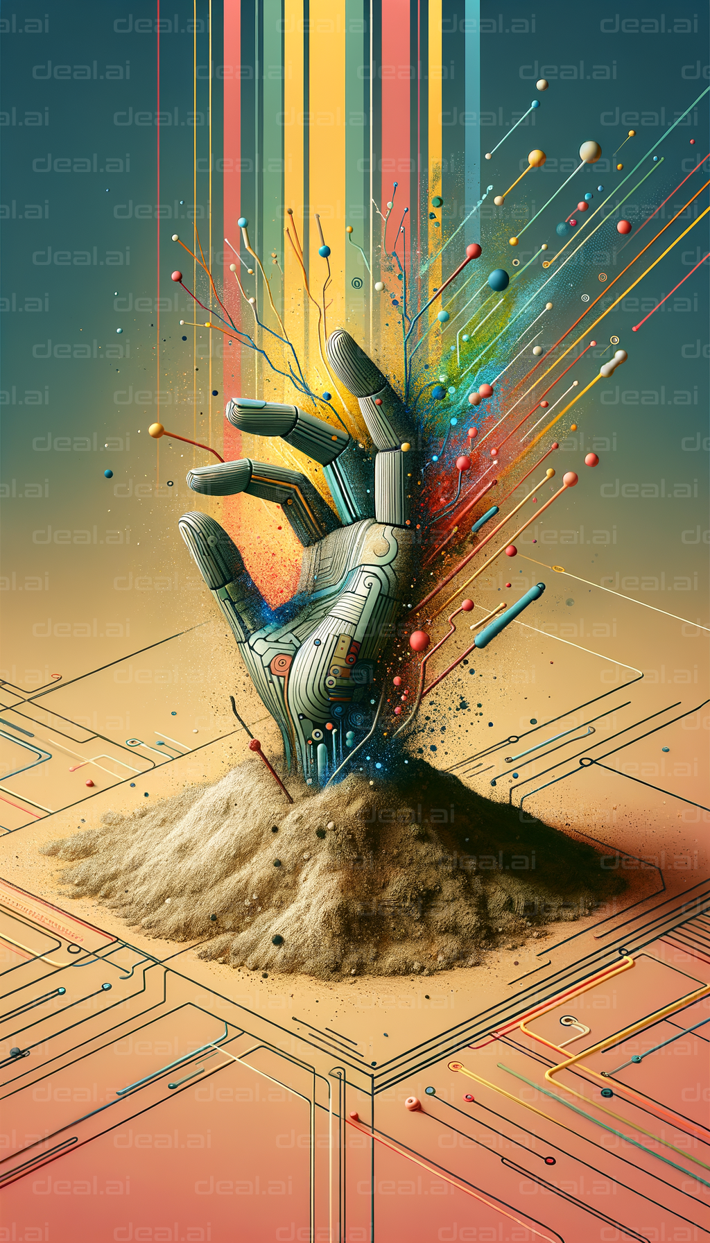 "Digital Hand Emerging from Sand"