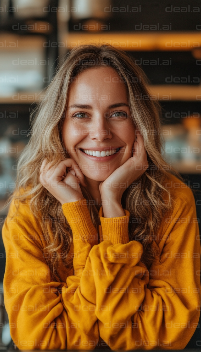 "Radiant Smile in Cozy Yellow Sweater"