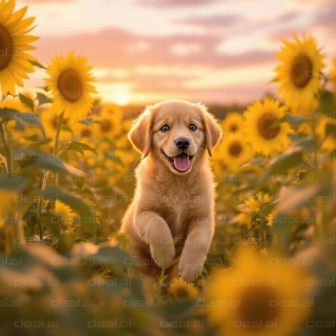 Puppy Joy in Sunflower Field