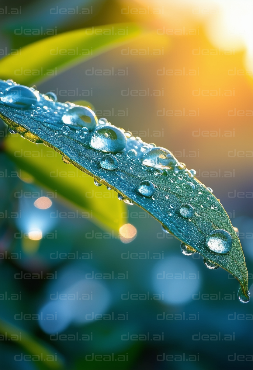 Dew Drops on a Shimmering Leaf