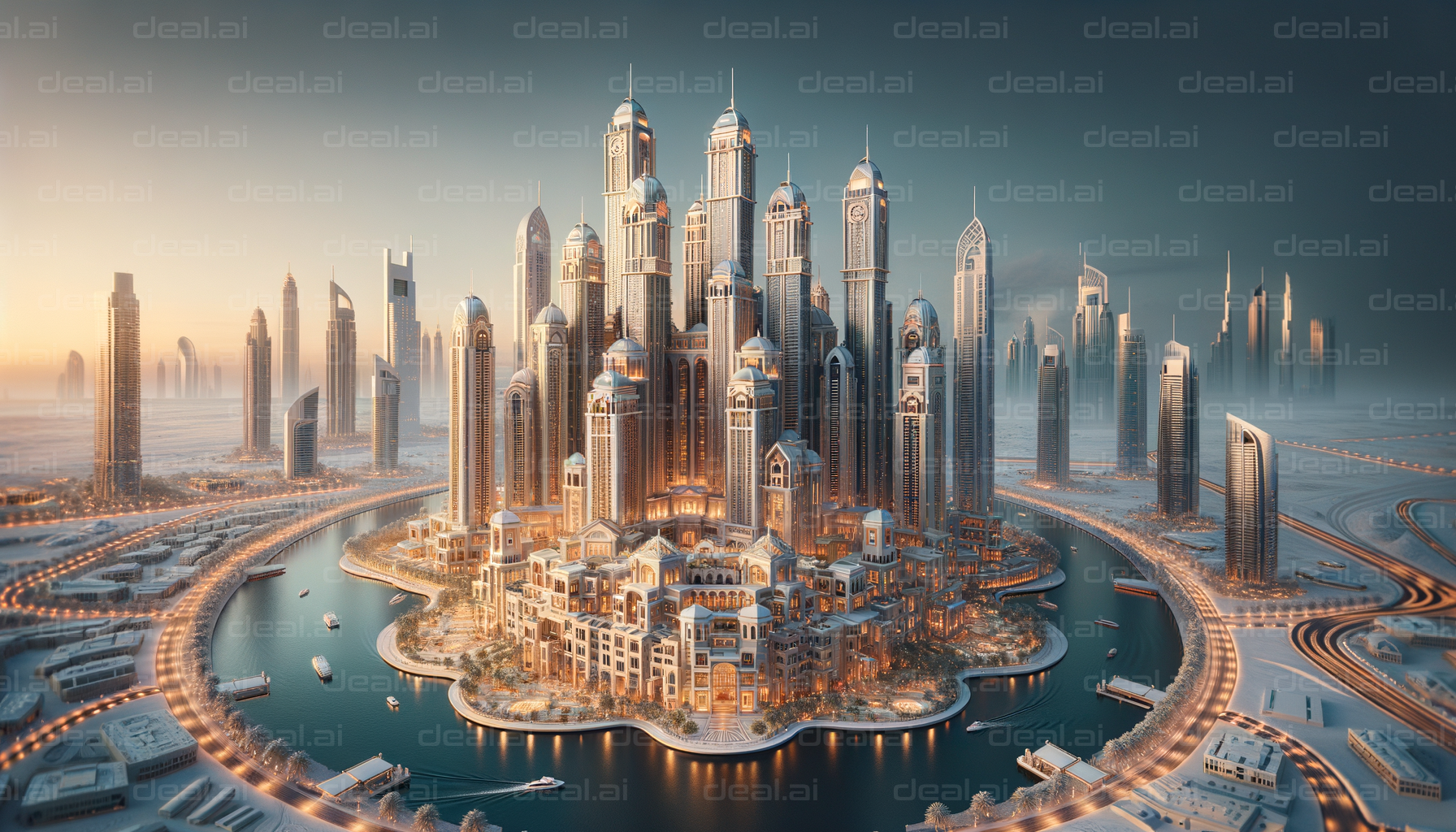 Futuristic Cityscape on a Serene Waterfront