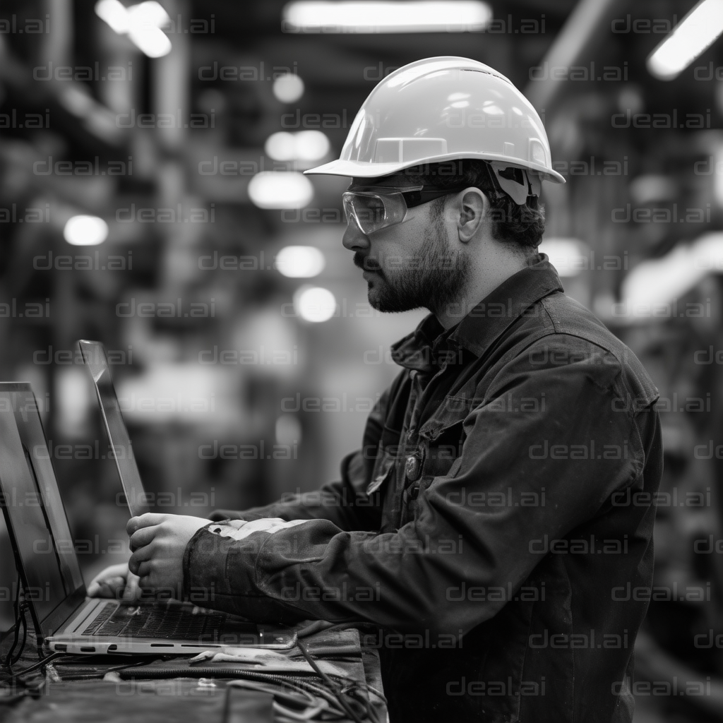 Engineer Working on Laptop in Factory