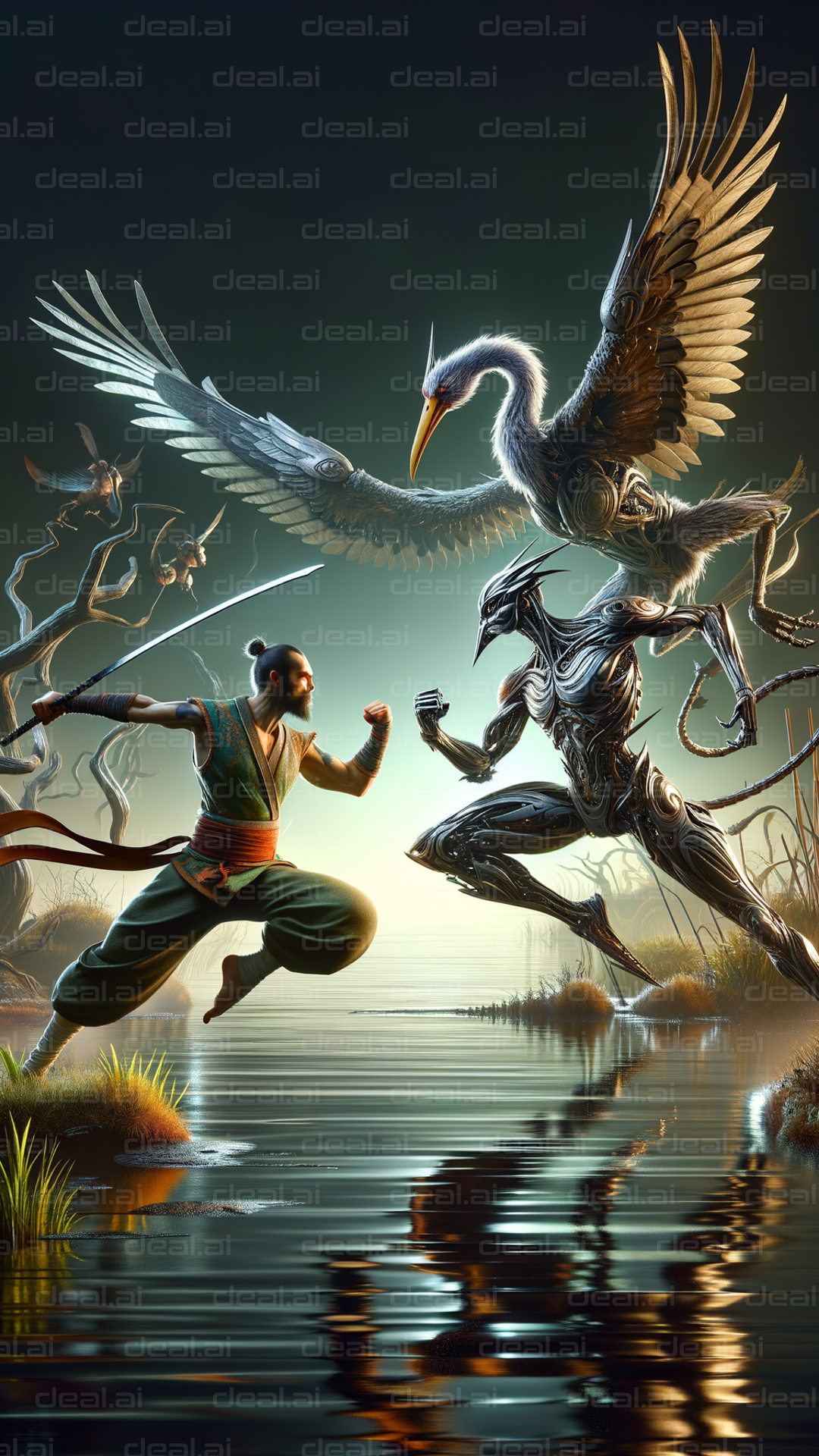 "Warrior and Cyborg Bird Face Off"