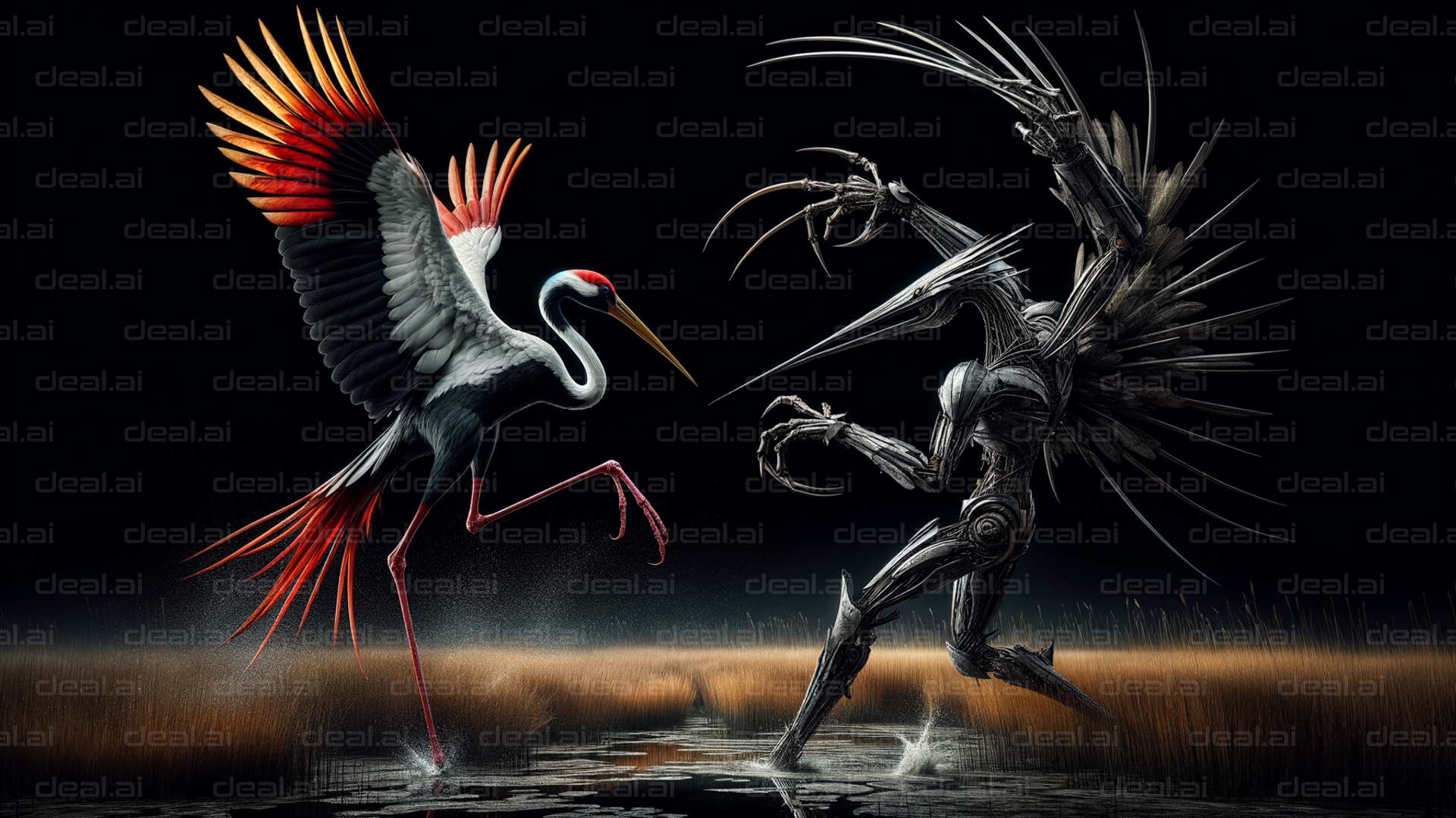 "Crane vs. Metal Bird Showdown"