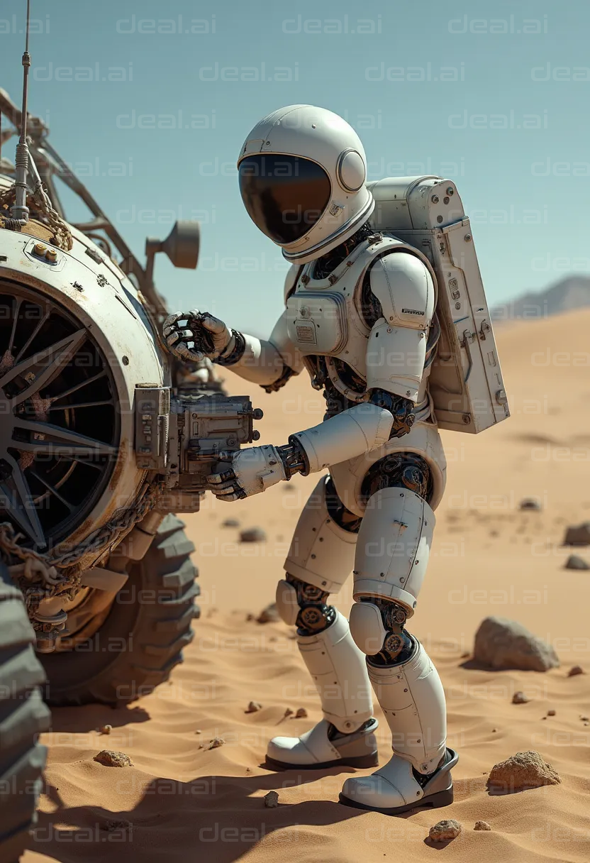 Robot Astronaut Exploring Desert Terrain