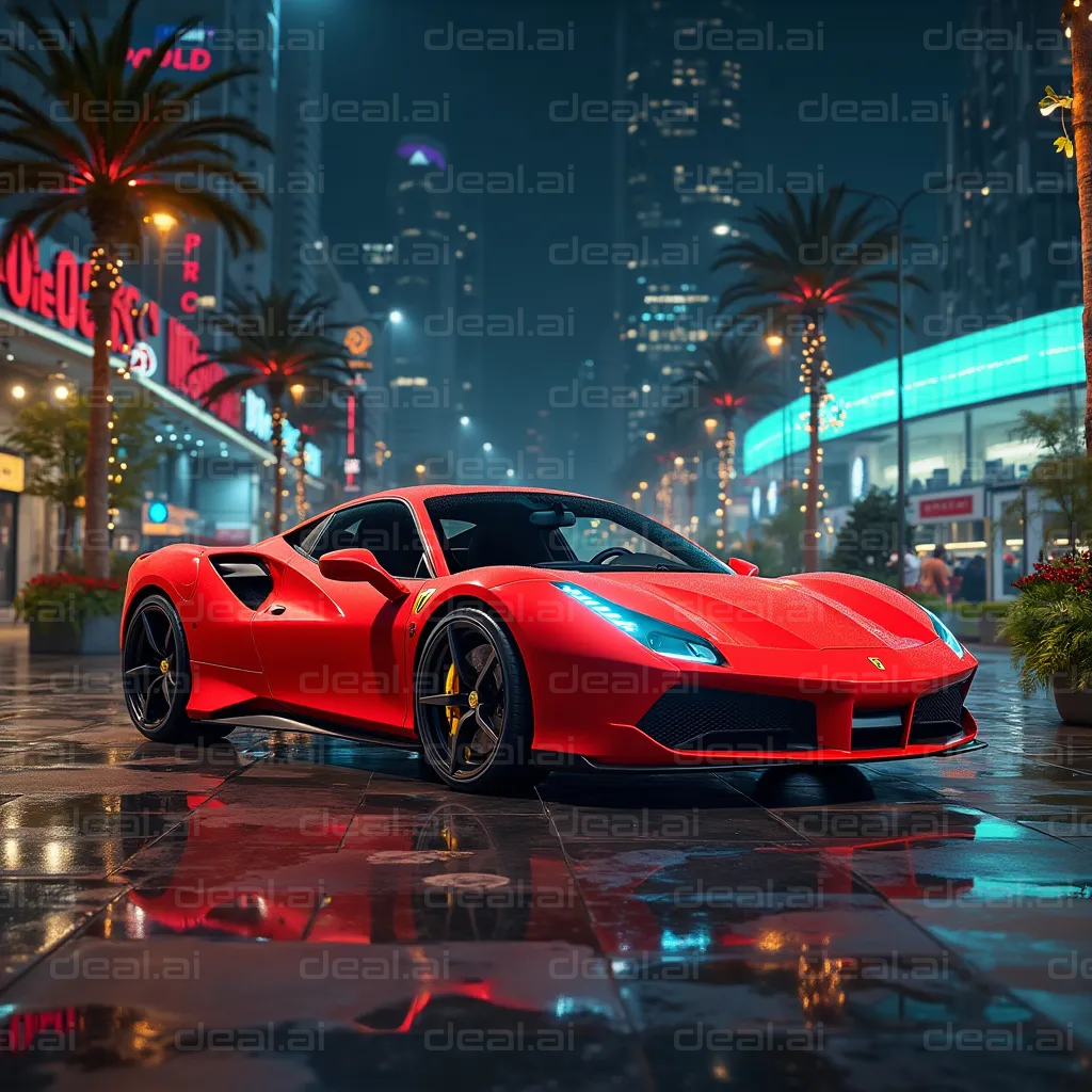 Sleek Red Supercar in City Lights