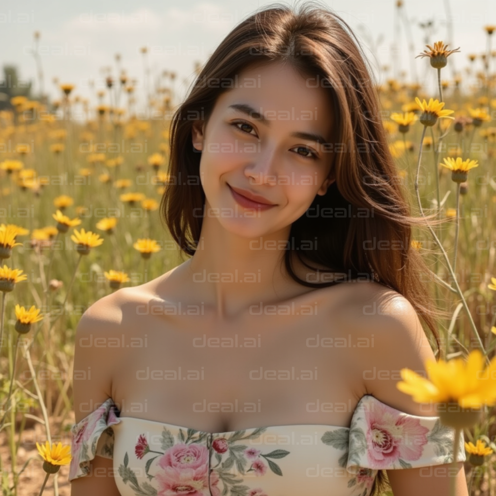 Smiling in a Field of Yellow Daisies