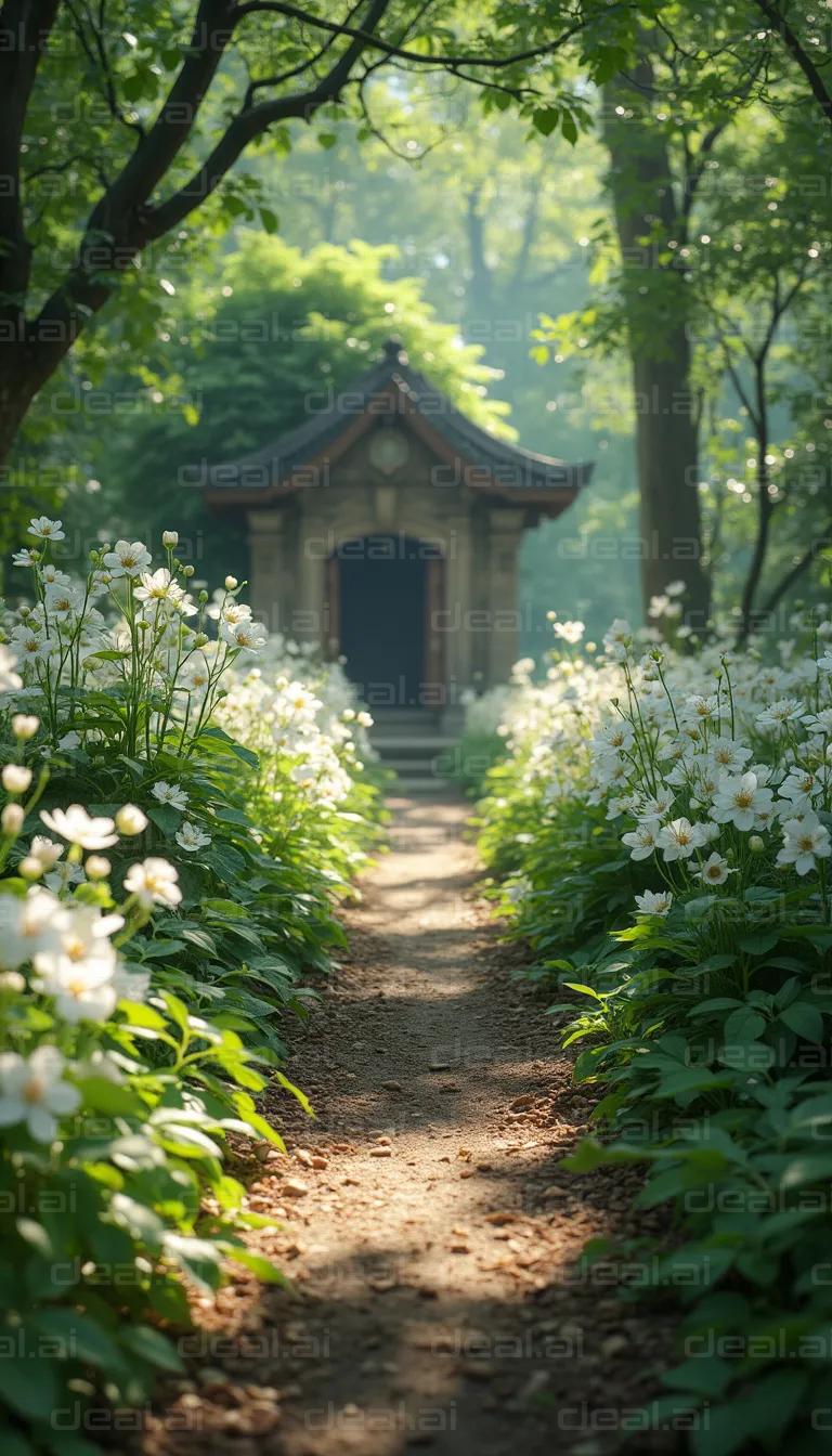 "Serene Garden Path to a Tranquil Pavilion"