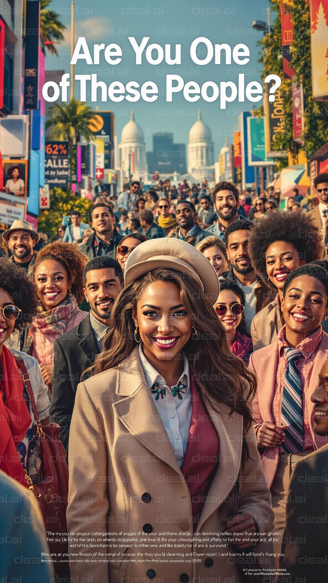 "Smiling Crowd in City Street"