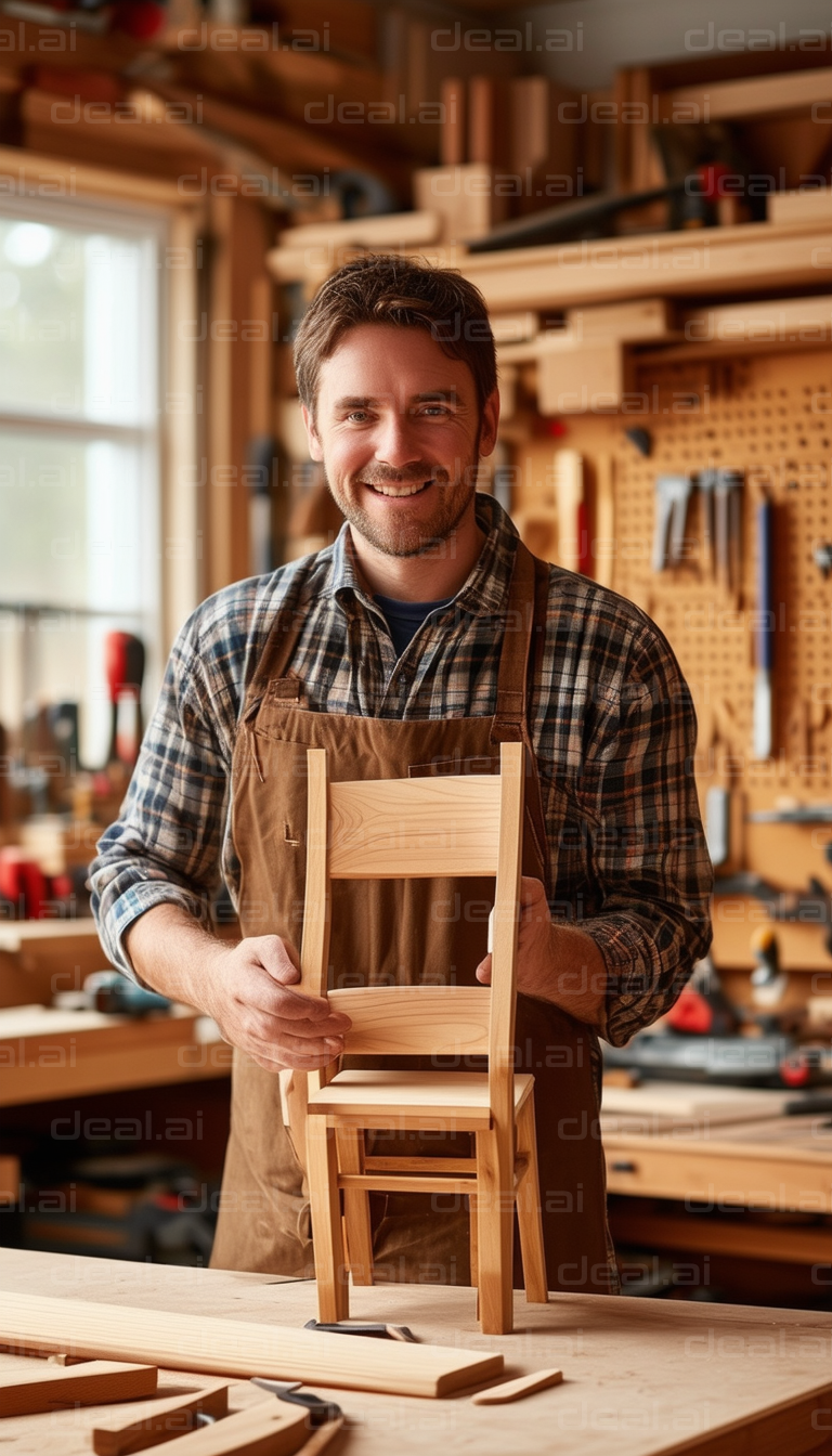 Proud Woodworker Holding Miniature Chair