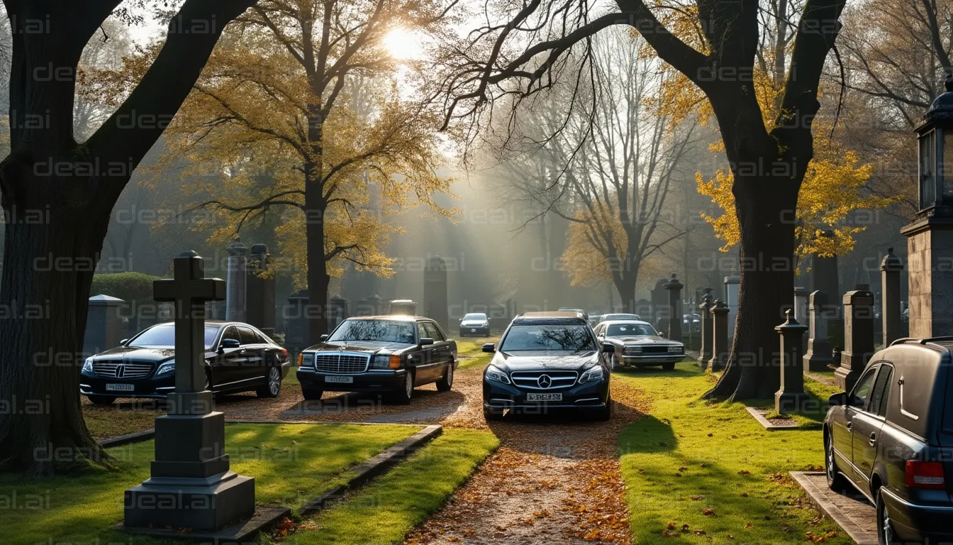 Cars and Sunlight in Autumn Cemetery