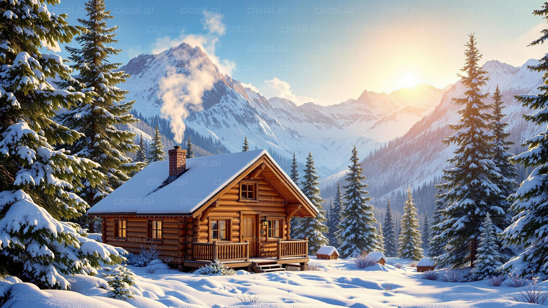 Winter Cabin in Mountain Scene