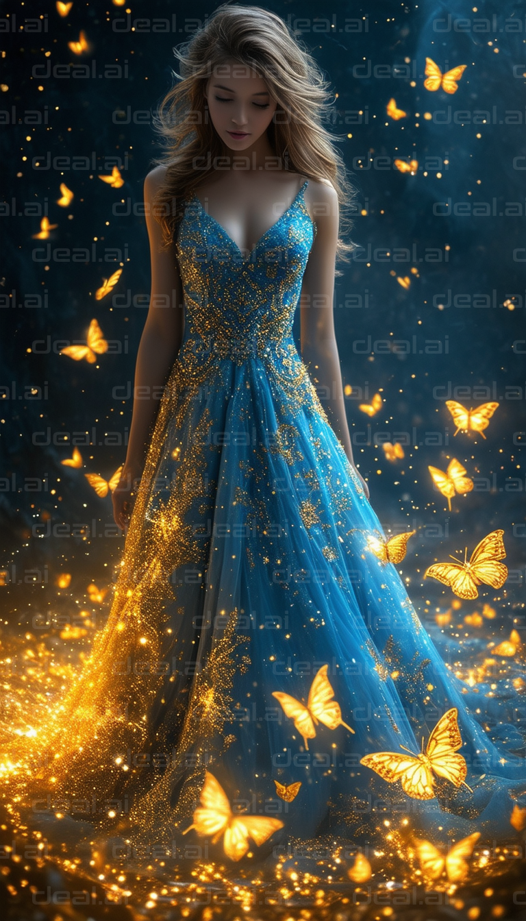 "Ethereal Beauty Amidst Golden Butterflies"