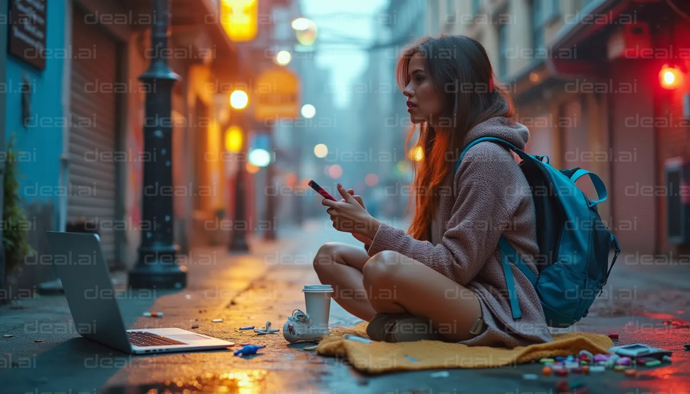 Alleyway Break with Coffee and Laptop