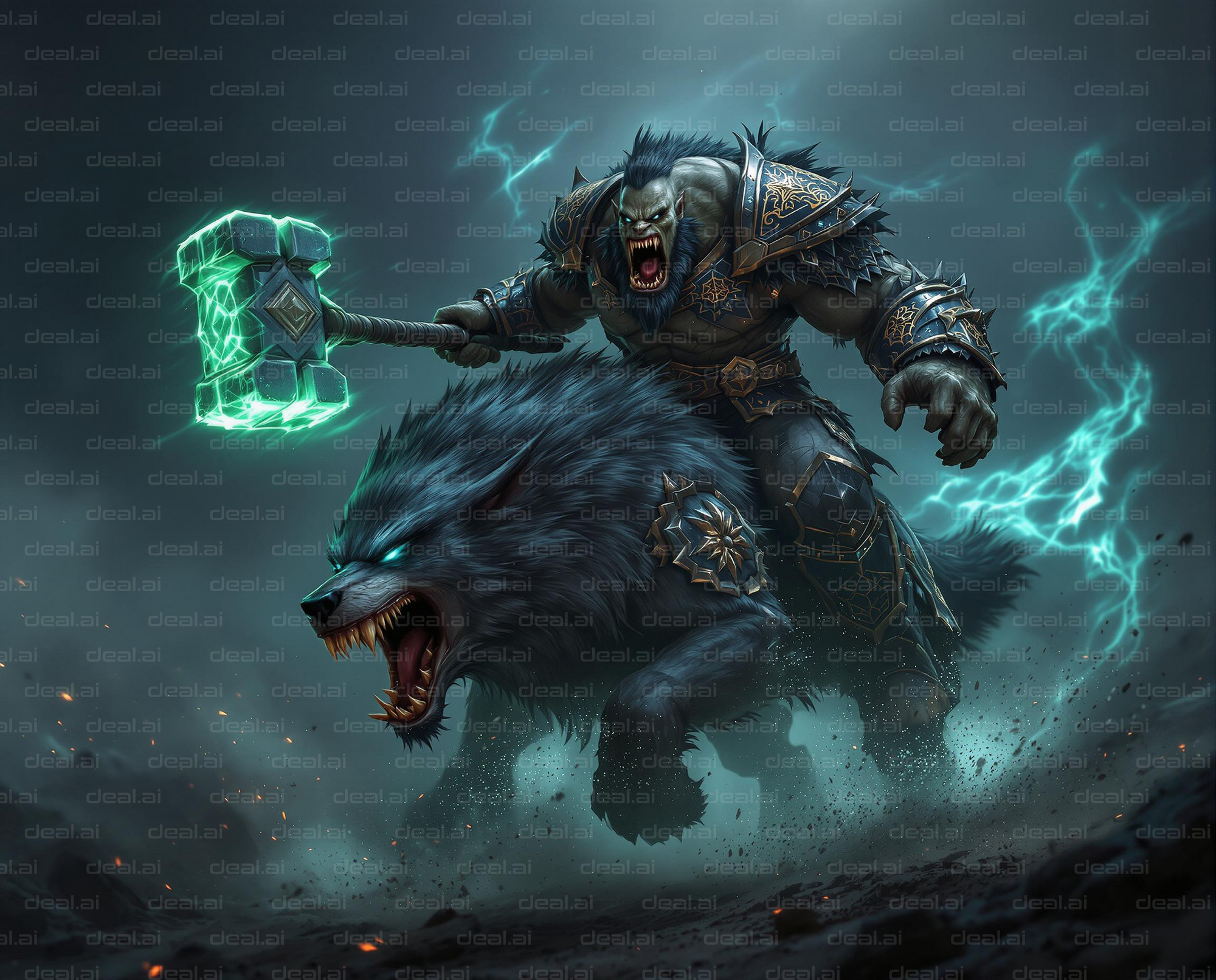 "Warrior and Wolf in Thunderous Fury"