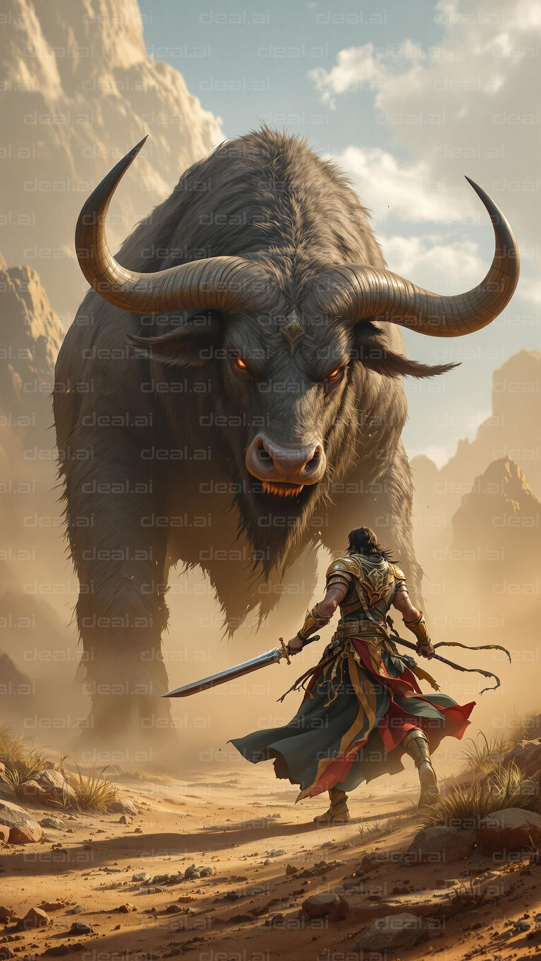Warrior Confronts Giant Beast