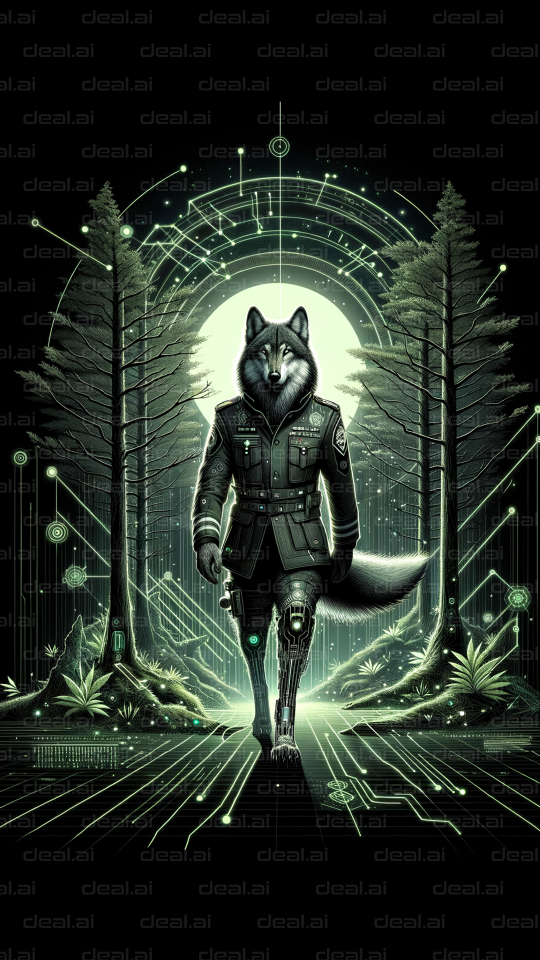 Cybernetic Wolf in Digital Forest