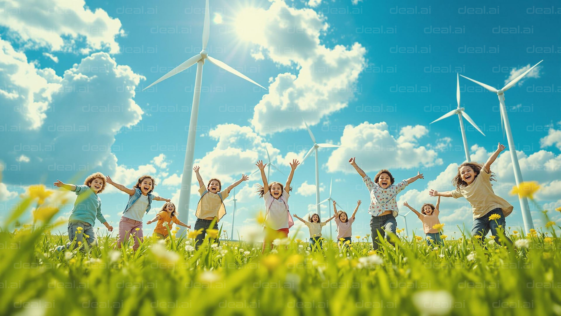 Joyful Kids in Wind Farm Field