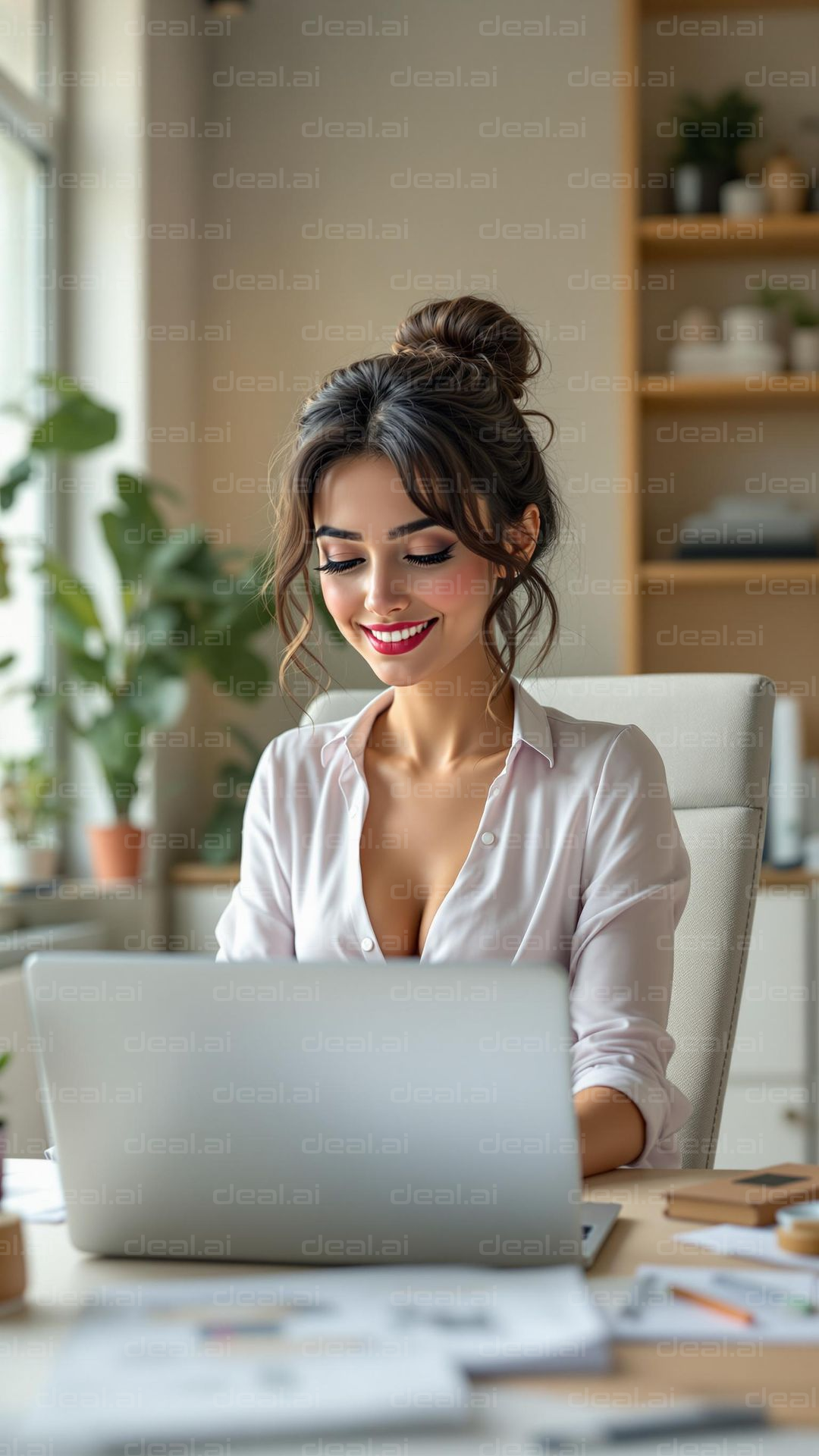 Woman Working on Laptop at Home Office