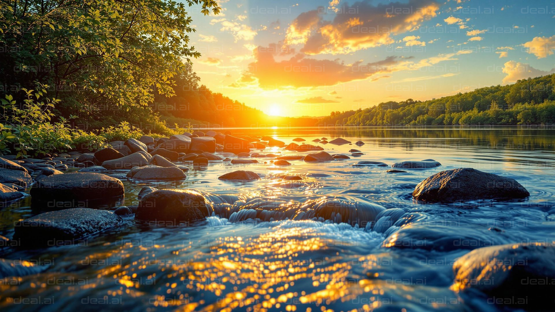 Tranquil Sunset Over River Stones