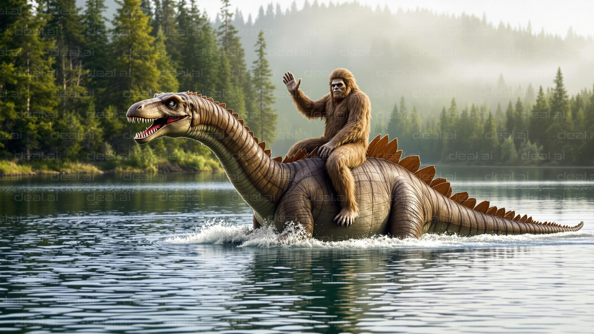 Bigfoot Rides Dinosaur Across Lake