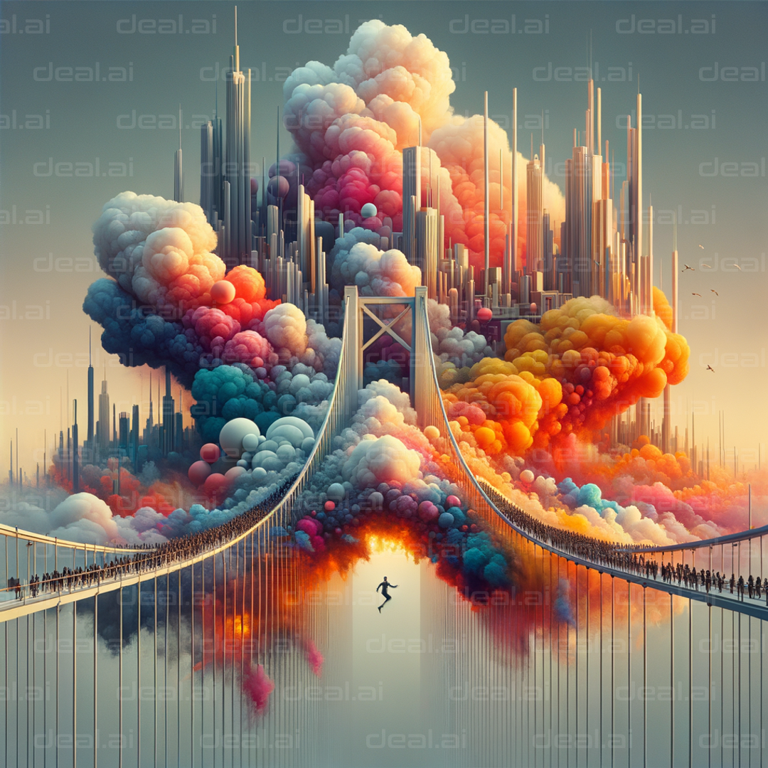 "Surreal Cityscape Over Bridge"