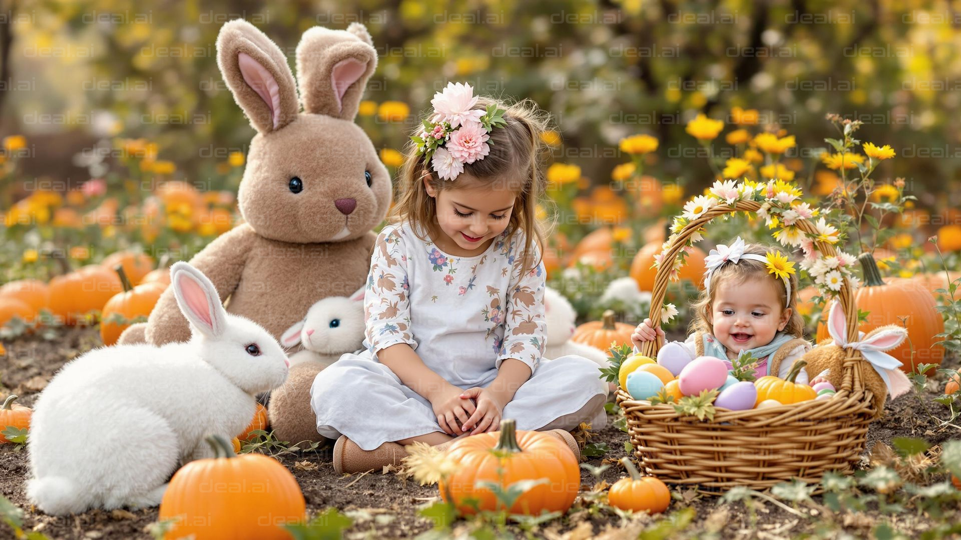Autumn Joy with Bunnies and Pumpkins