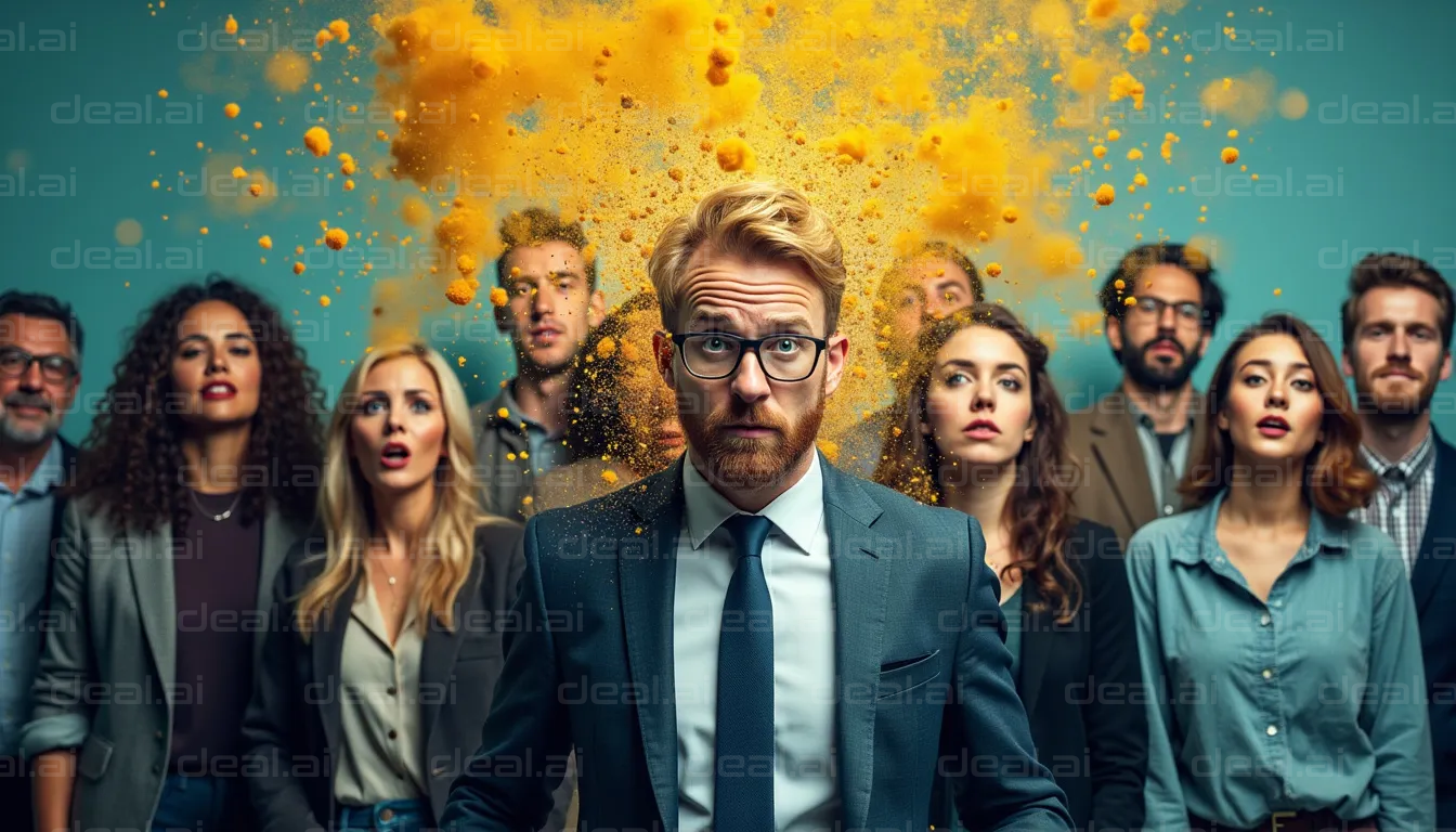"Surprised Man in Suit with Color Explosion"