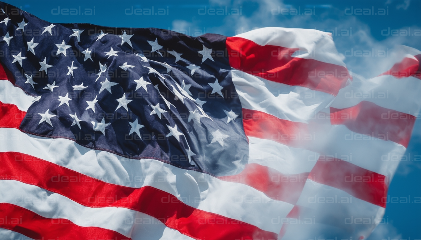 Waving American Flag Against Blue Sky