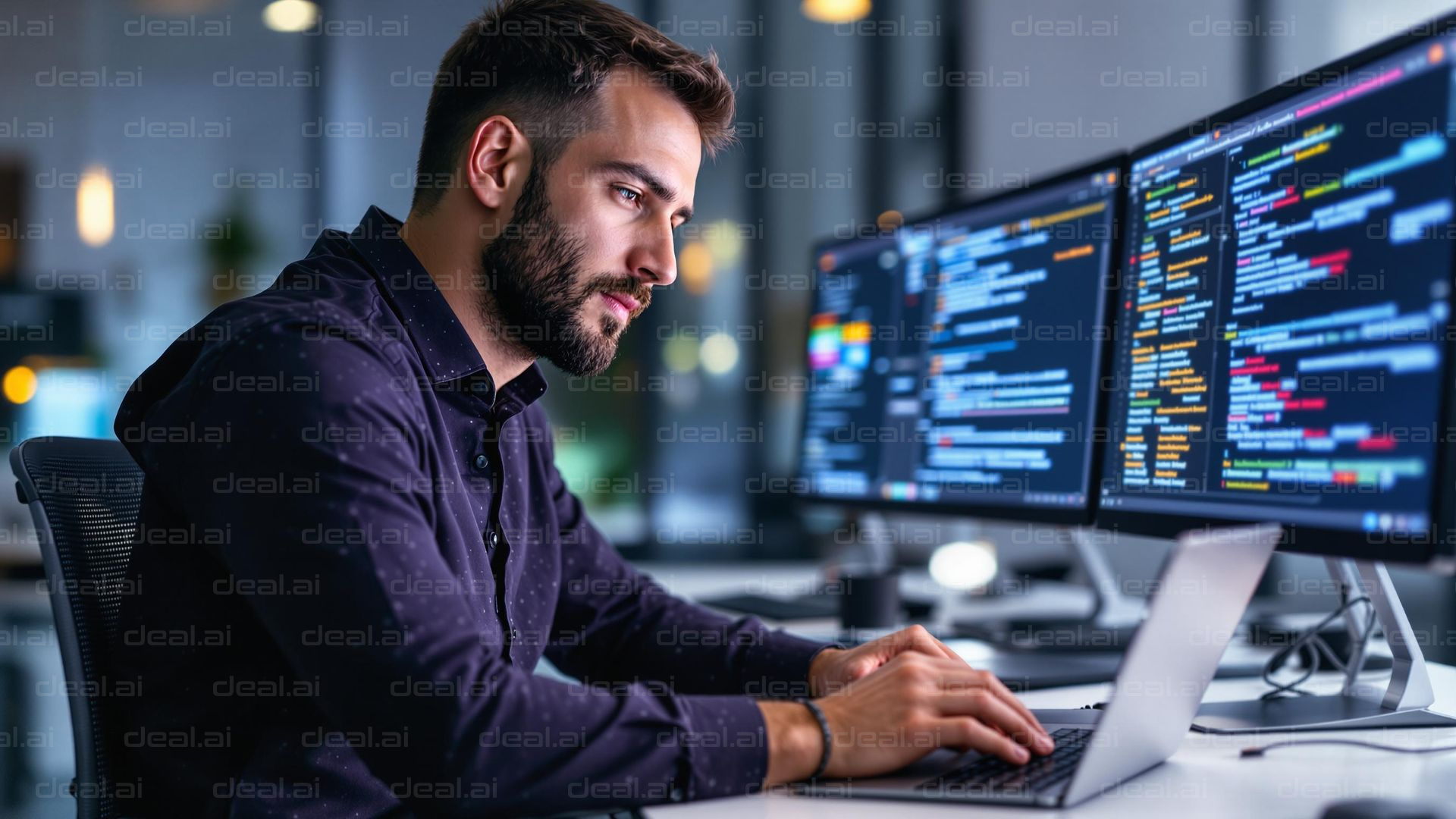 Focused Programmer at Workstation