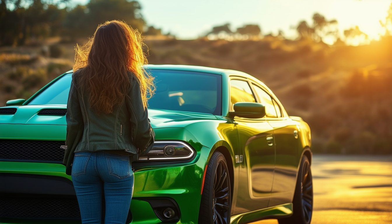 Sunset Drive with a Green Sports Car