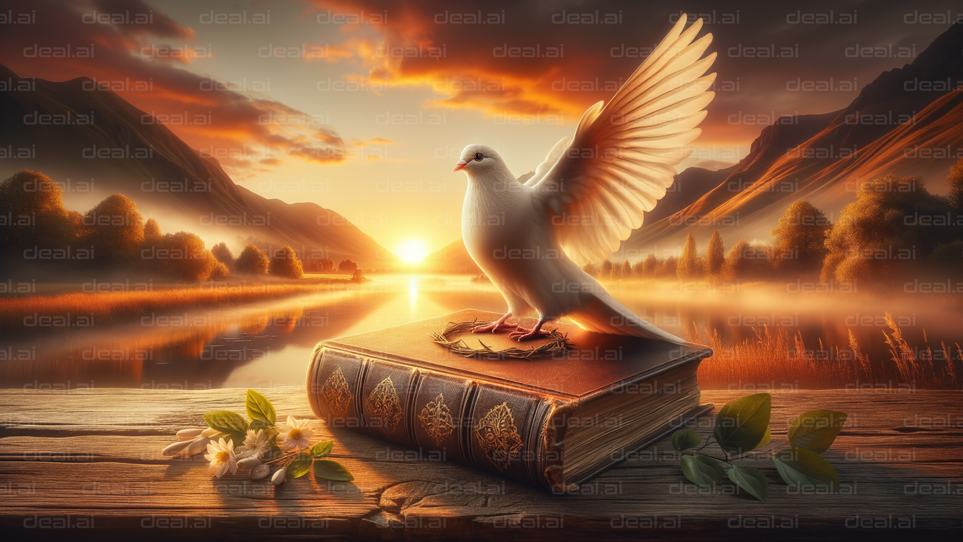 Peaceful Dawn with Dove and Book