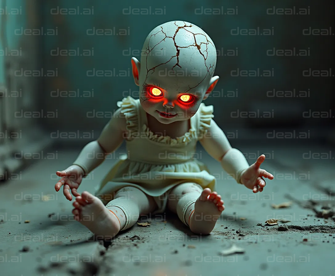 "Doll with Glowing Eyes in Creepy Room"