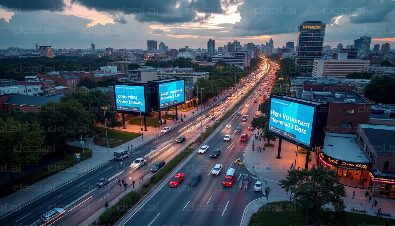 "City Street with Digital Billboards at Dusk"