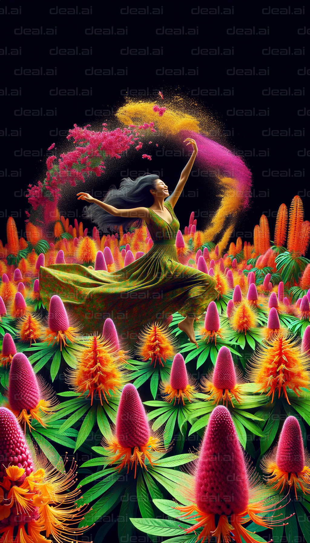 "Dancing Amid Vibrant Fantasy Blooms"