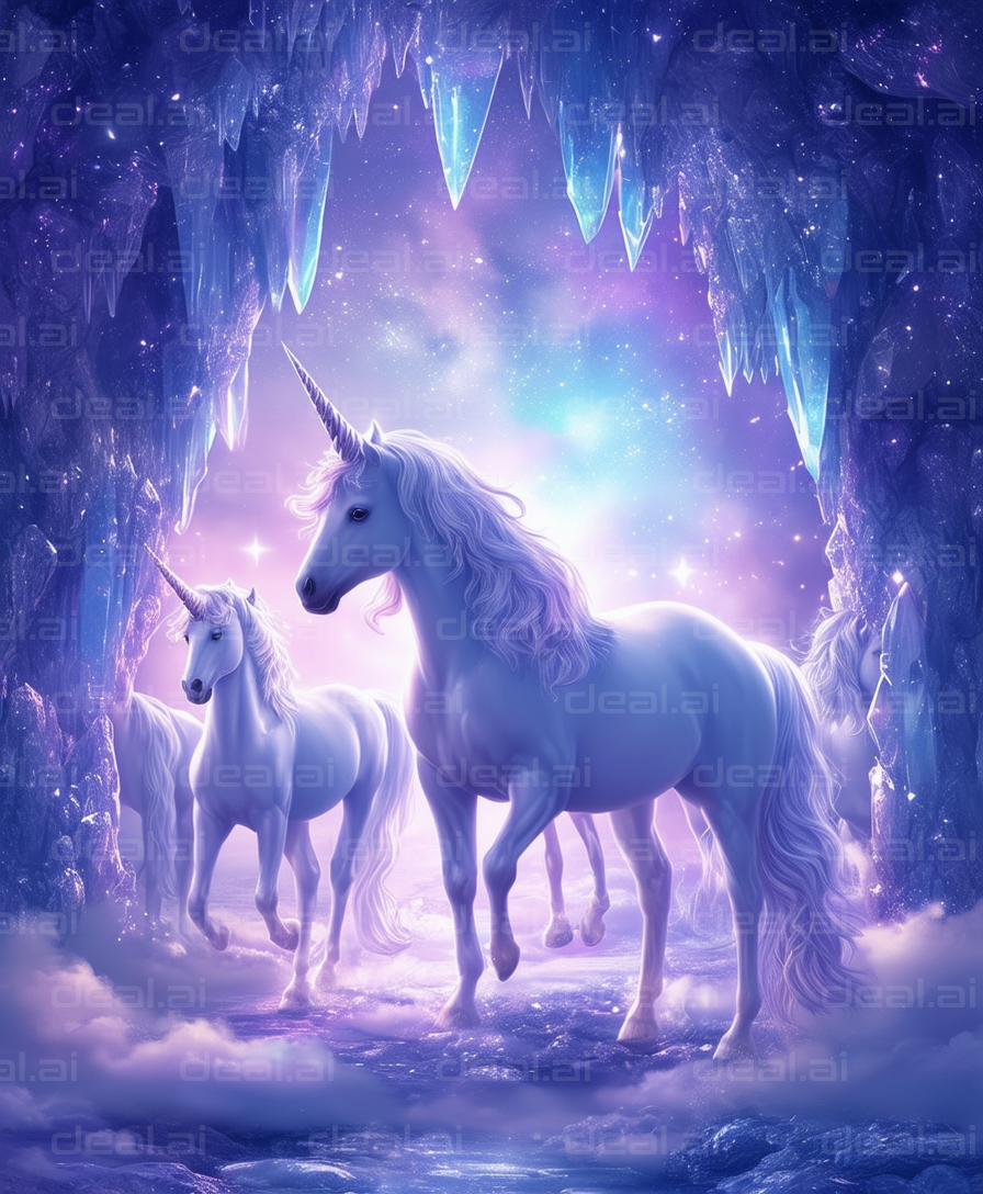 "Enchanted Unicorns in Crystal Cavern"
