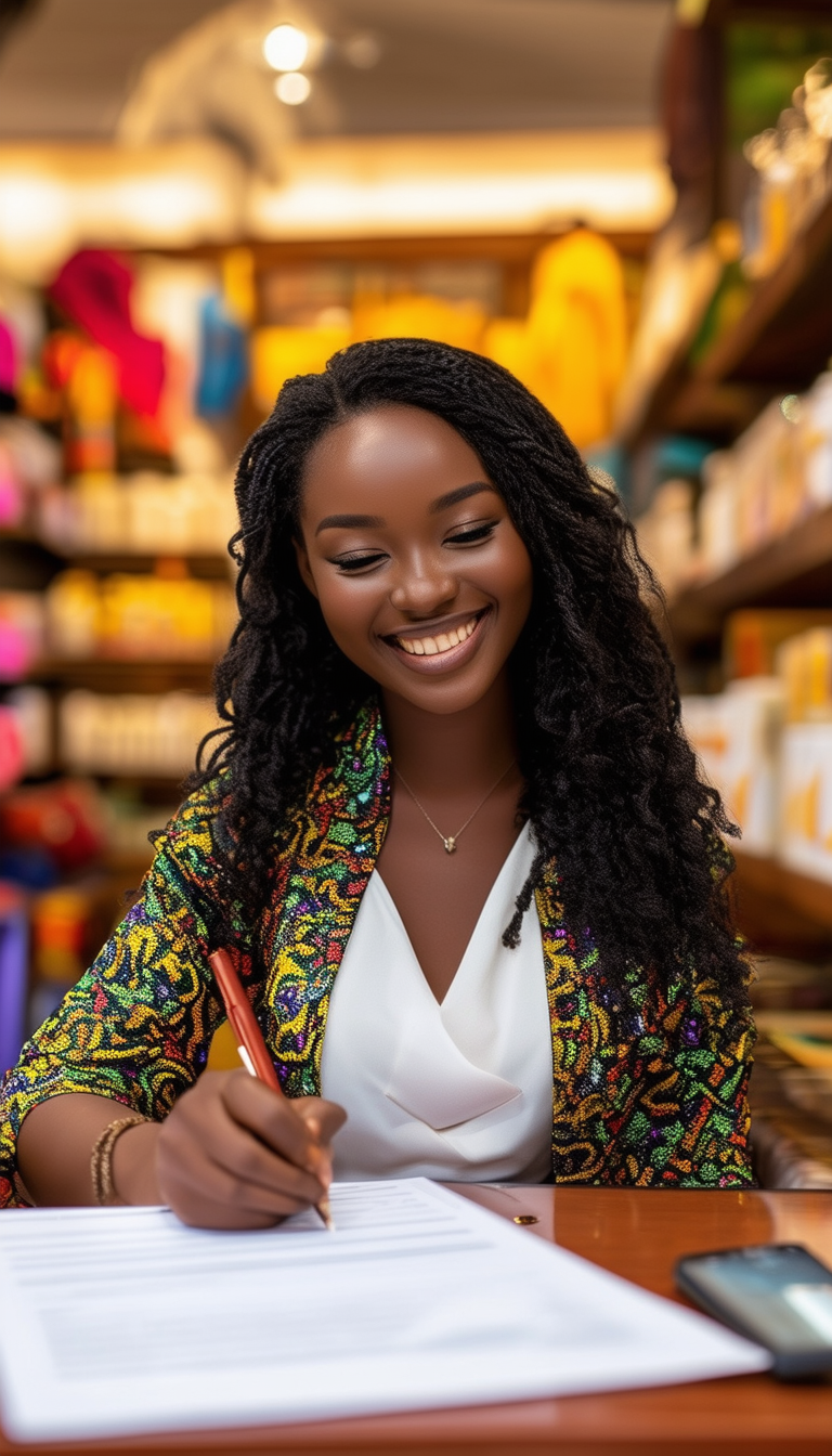 "Smiling Woman Signing Document"