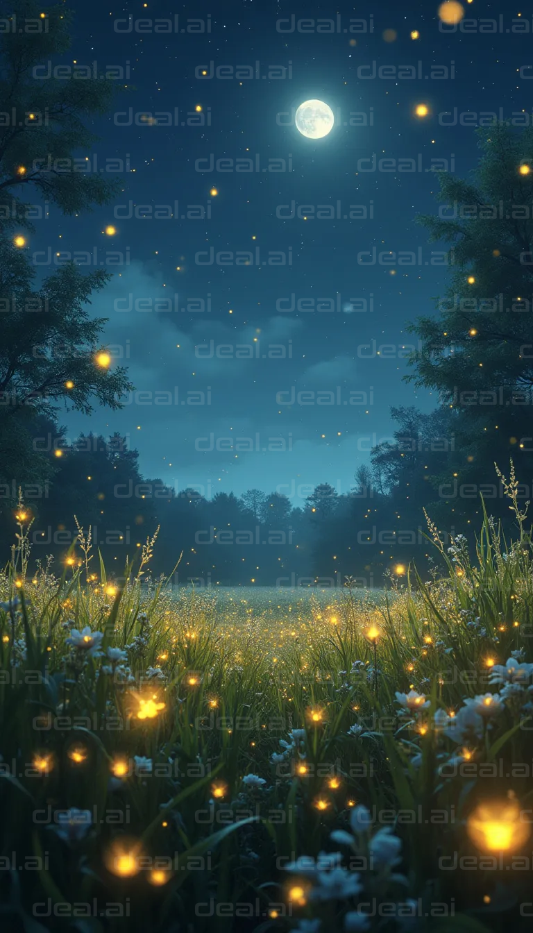 "Moonlit Field with Fireflies"