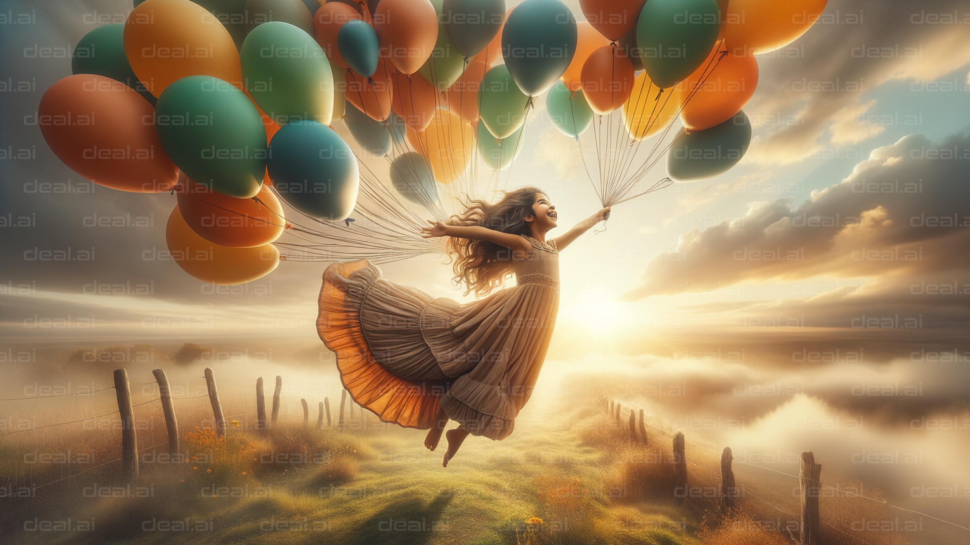 "Flying with Balloons at Sunset"