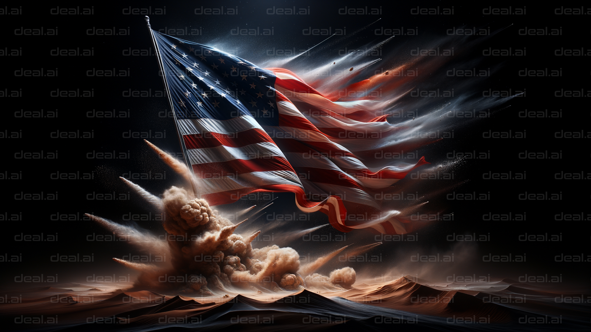 "American Flag Amidst Explosive Turmoil"